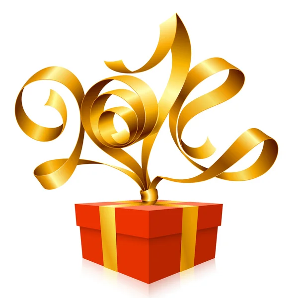 Vector golden ribbon in the shape of 2014 and gift box. Symbol of New Year — Stock Vector