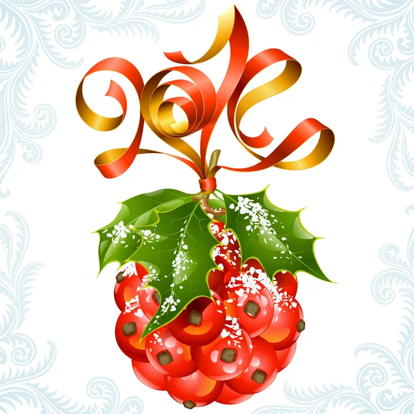 Cinta vectorial en forma de 2014 y bola de acebo. Tarjeta de felicitación de Navidad y Año Nuevo . — Archivo Imágenes Vectoriales