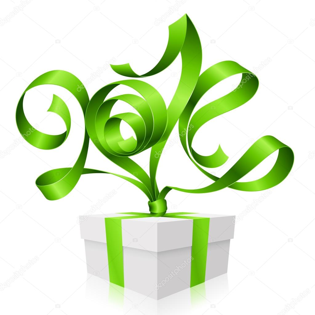Vector green ribbon in the shape of 2014 and gift box. Symbol of New Year