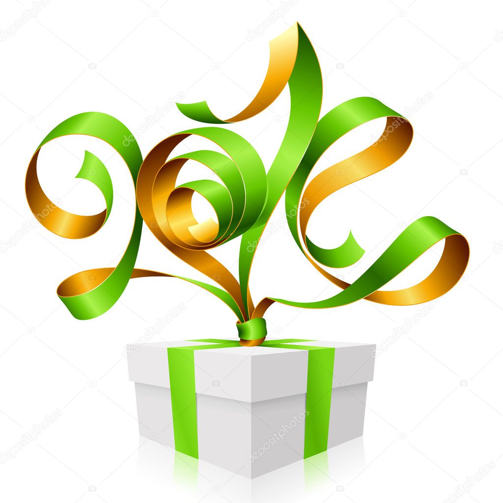 Vector green ribbon in the shape of 2014 and gift box. Symbol of New Year