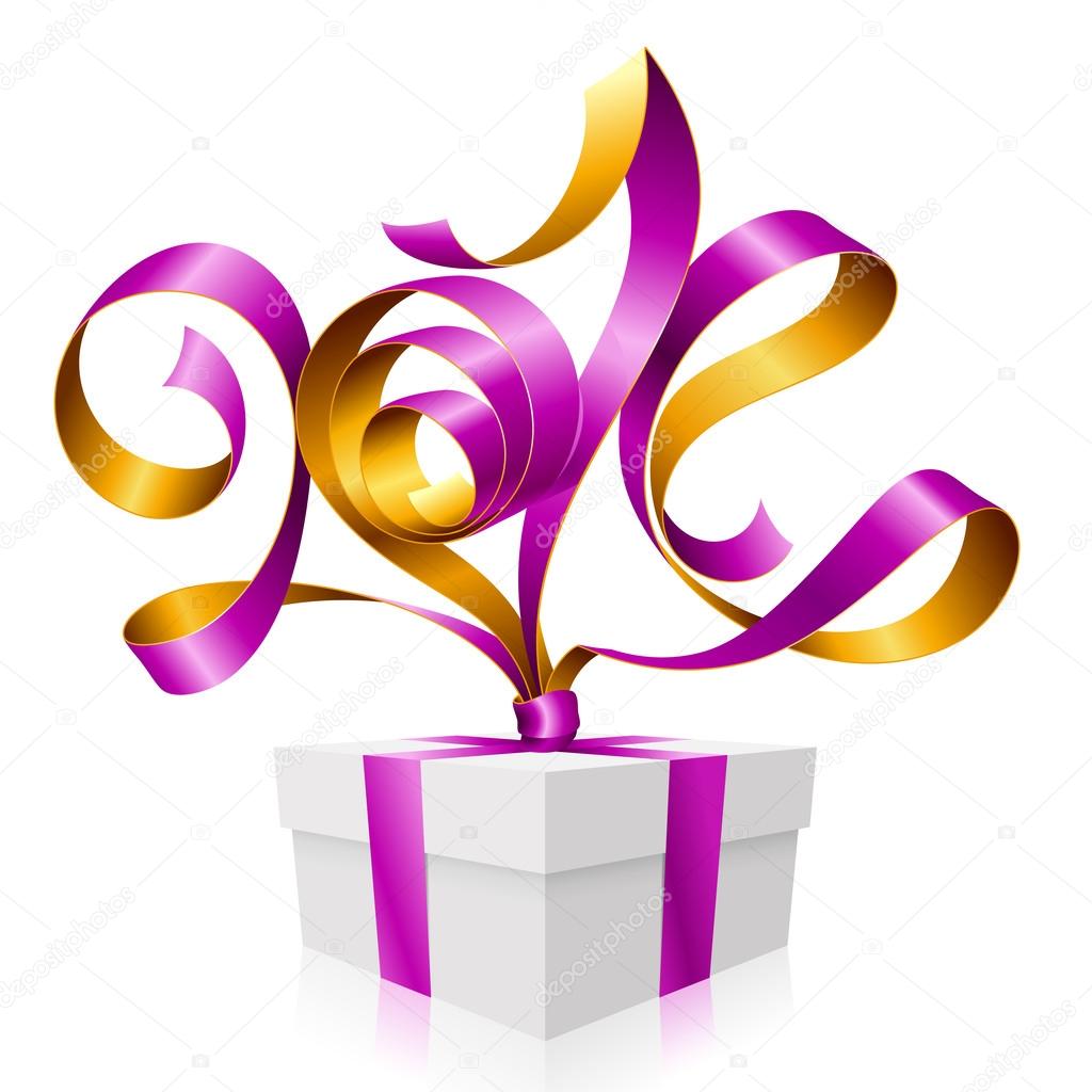 Vector purple ribbon in the shape of 2014 and gift box. Symbol of New Year