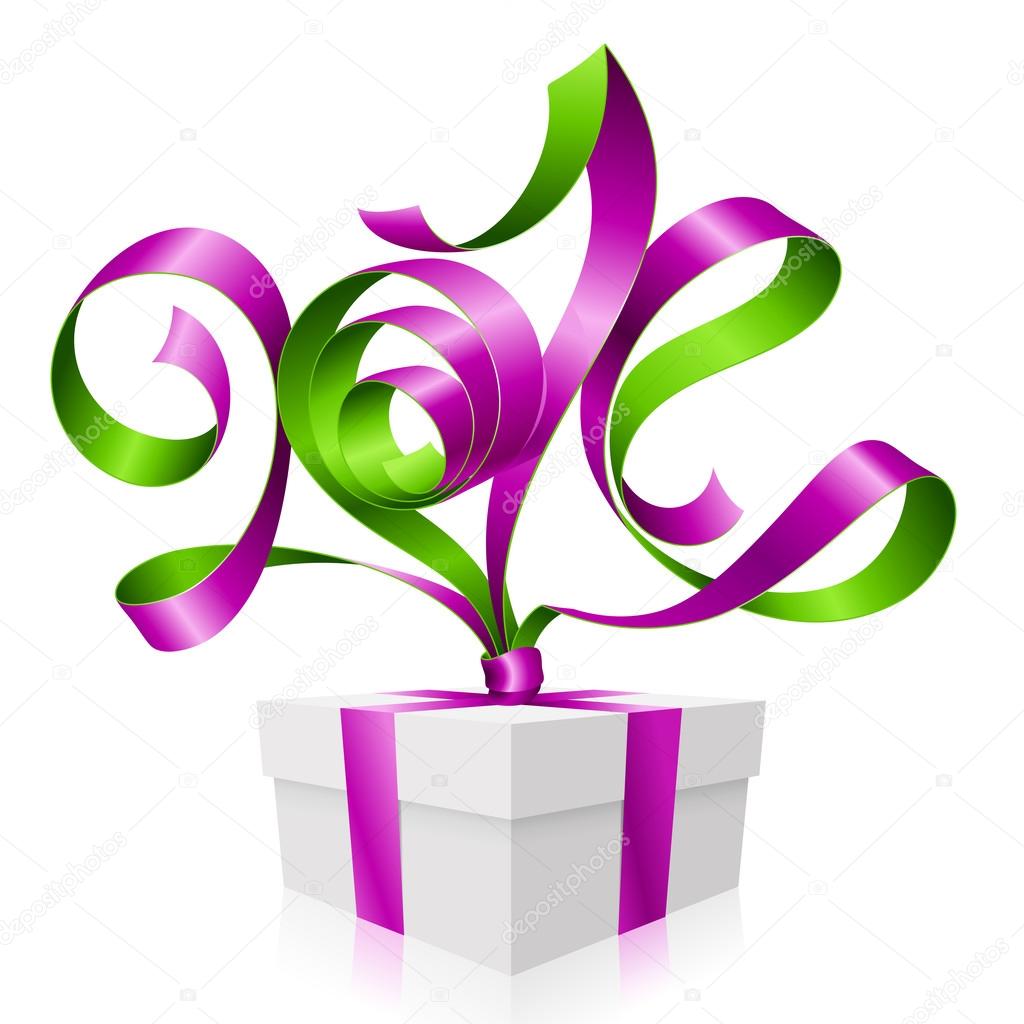 Vector purple ribbon in the shape of 2014 and gift box. Symbol of New Year