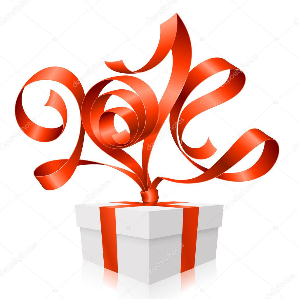 Vector red ribbon in the shape of 2014 and gift box. Symbol of New Year