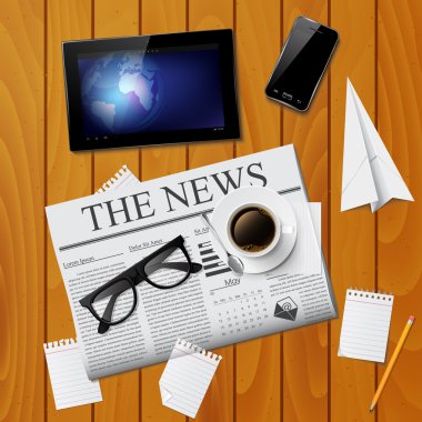 fincan kahve, gazete, tablet, smartphone ve gözlük