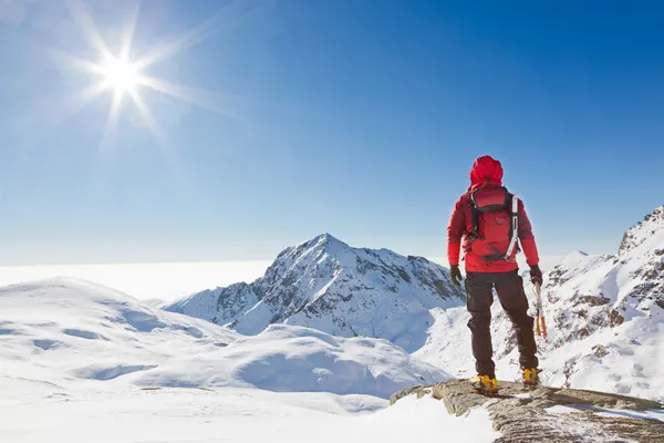 Bergsteiger blickt auf eine verschneite Berglandschaft Stockbild