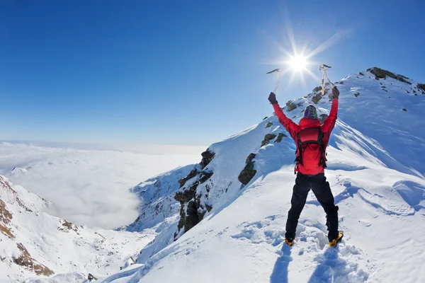 Mountaineer reaches the top of a snowy mountain in a sunny winte — Stock Photo, Image