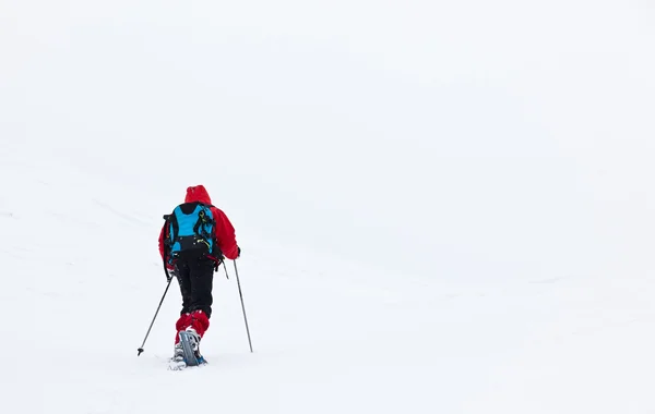 Boy hikes in mountain with snowshoe — Stock Photo, Image