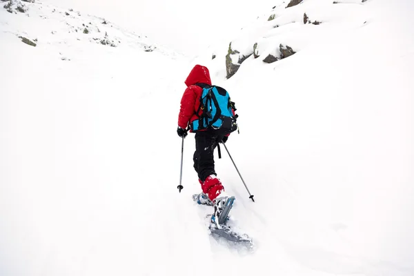 Junge wandert mit Schneeschuhen im Berg — Stockfoto