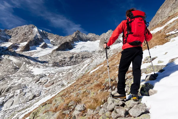 Randonneur observant un panorama de haute montagne — Photo