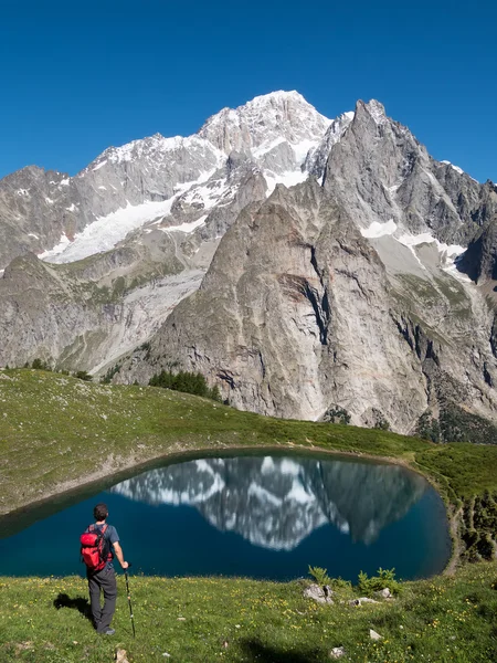 Un excursionista descansa mirando el Mont Blanc, el pico más alto de — Foto de Stock