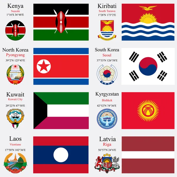 Bandeiras e capitais mundiais conjunto 12 — Vetor de Stock