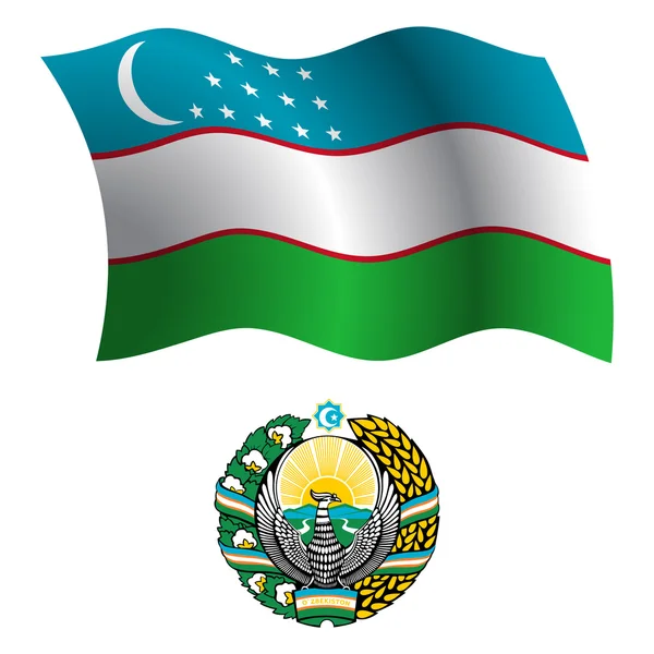 Uzbekistan vågiga flagga och kappa — Stock vektor