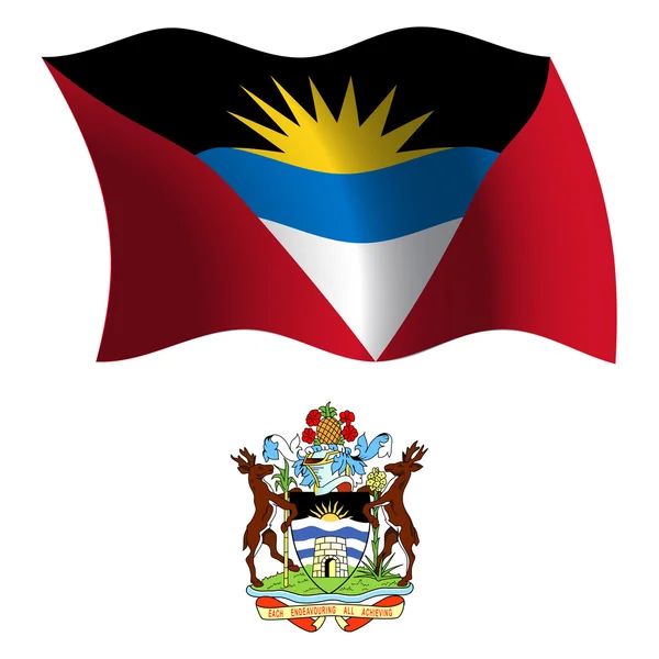 Antigua y barbuda ondulada bandera y abrigo — Vector de stock