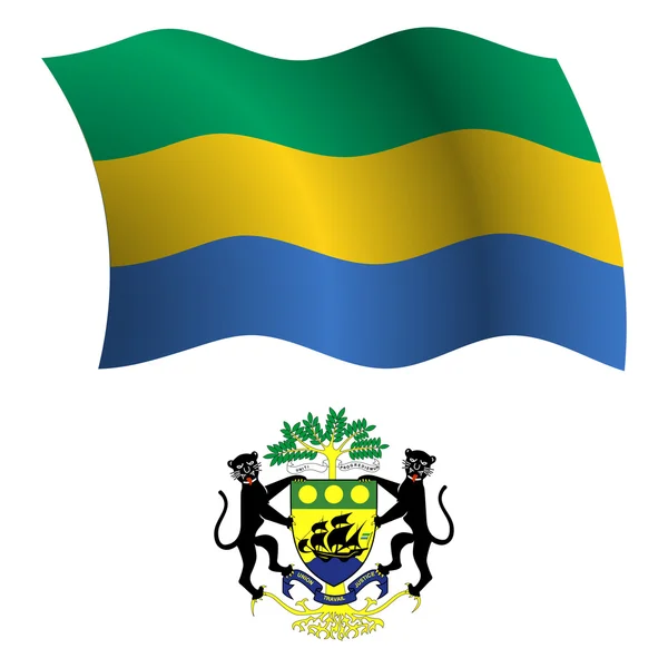República Gabonesa bandeira ondulada e casaco — Vetor de Stock