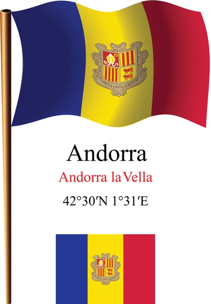 Andorra bandera ondulada y coordenadas — Archivo Imágenes Vectoriales