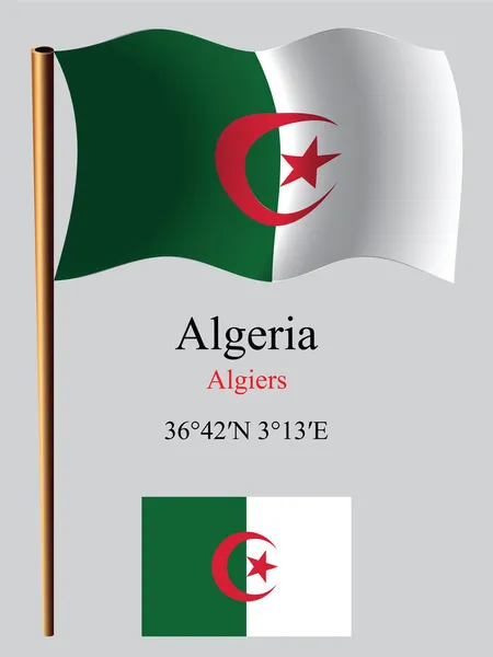 Algeria wavy flag and coordinates — Stock Vector