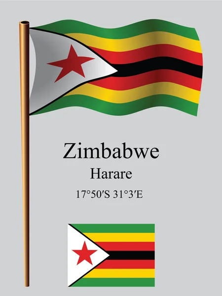 Zimbabwe bandeira ondulada e coordenadas —  Vetores de Stock