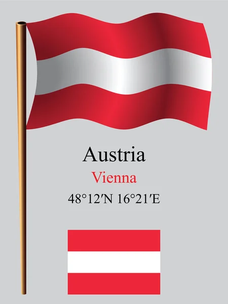 Austria wavy flag and coordinates — Stock Vector