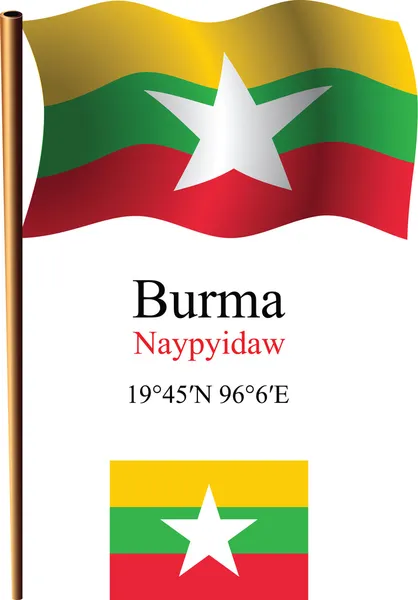 Burma wavy flag and coordinates — Stock Vector