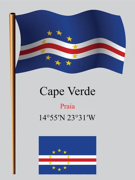 Cape verde wavy flag and coordinates — Stock Vector