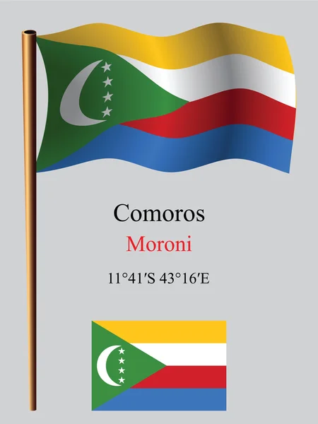 Comoros wavy flag and coordinates — Stock Vector