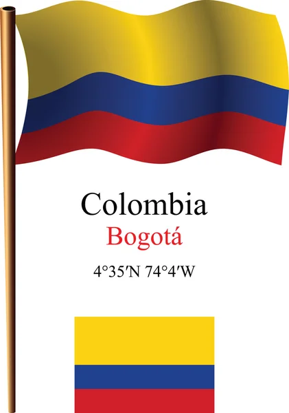 Colômbia bandeira ondulada e coordenadas — Vetor de Stock