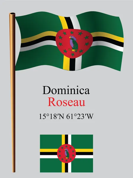 Dominica wavy flag and coordinates — Stock Vector