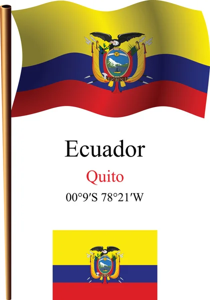 Equador bandeira ondulada e coordenadas — Vetor de Stock