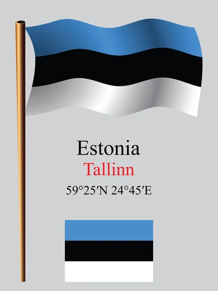 Estonia wavy flag and coordinates — Stock Vector