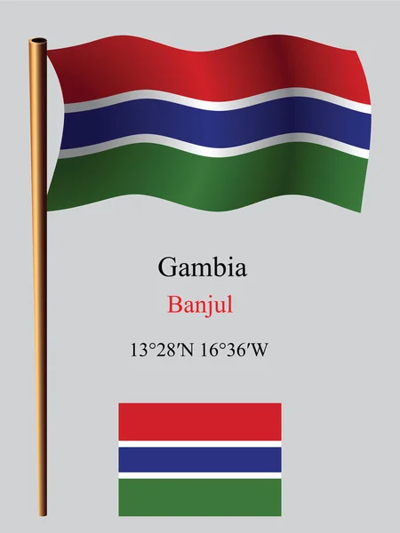 Gambia wavy flag and coordinates — Stock Vector