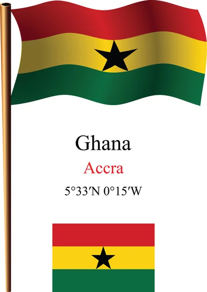 Ghana wavy flag and coordinates — Stock Vector