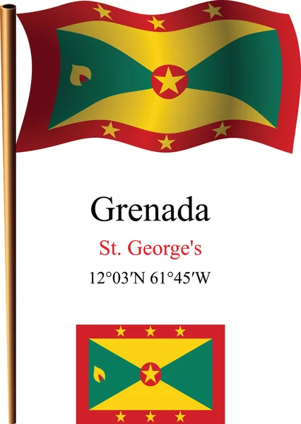 Grenada golvende vlag en coördinaten — Stockvector
