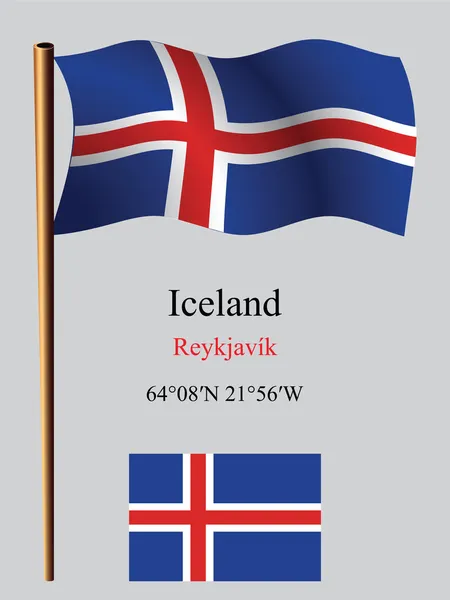 Iceland bandeira ondulada e coordenadas — Vetor de Stock