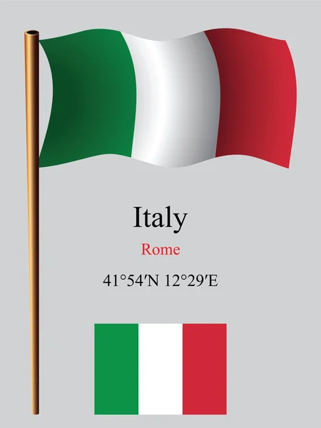 Italy wavy flag and coordinates — Stock Vector