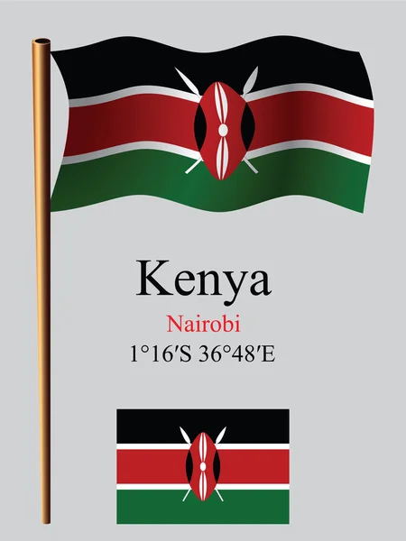 Kenya wavy flag and coordinates — стоковый вектор