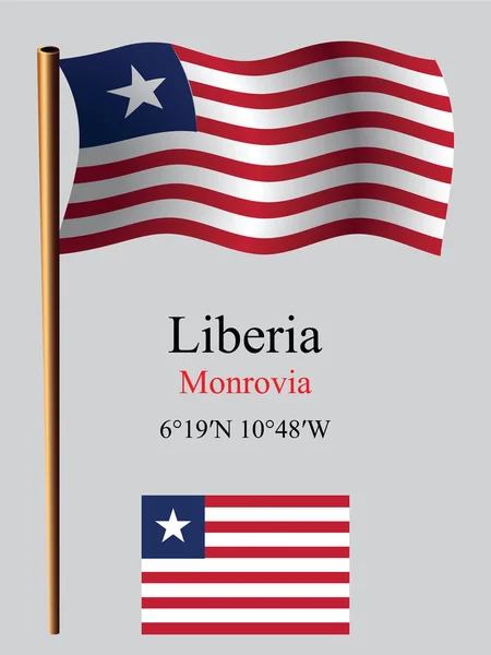Liberia wavy flag and coordinates — Stock Vector