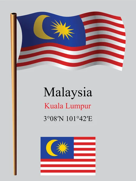 Malaysia wavy flag and coordinates — Stock Vector