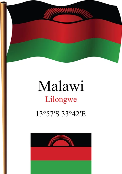 Malawi wavy flag and coordinates — Stock Vector