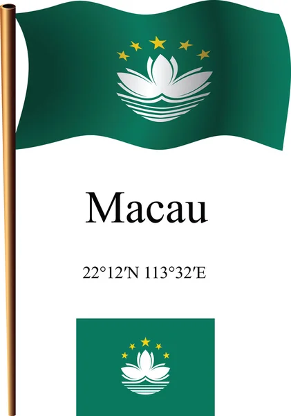 Macau bandeira ondulada e coordenadas — Vetor de Stock