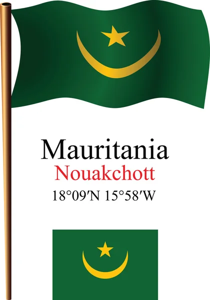 Mauritania wavy flag and coordinates — Stock Vector