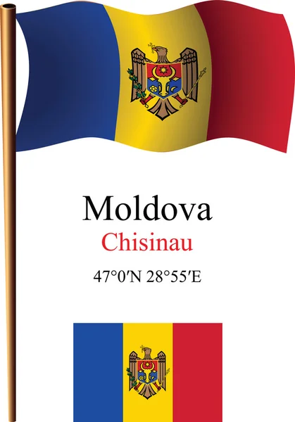 Moldávia bandeira ondulada e coordenadas — Vetor de Stock