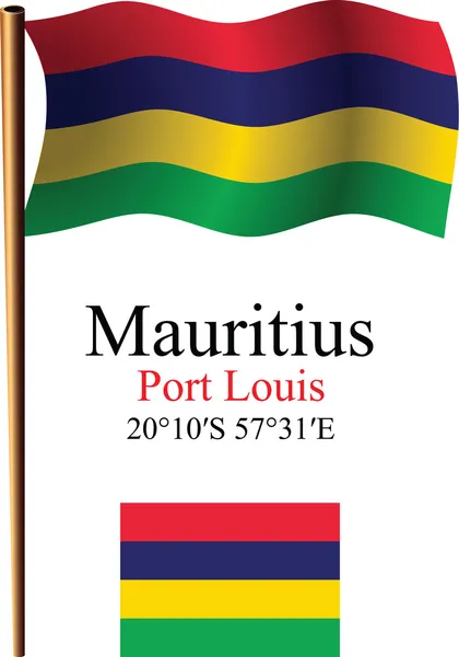 Mauritius wavy flag and coordinates — Stock Vector