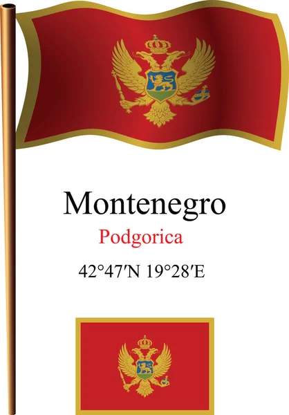 Montenegro ondulado bandera y coordenadas — Archivo Imágenes Vectoriales