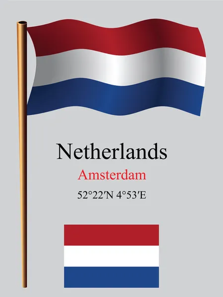 Netherlands wavy flag and coordinates — Stock Vector