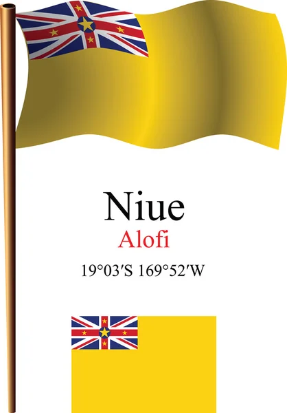 Niue bandeira ondulada e coordenadas — Vetor de Stock