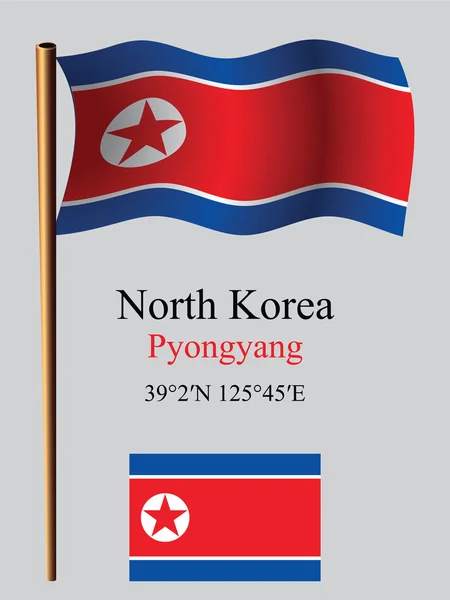 Nordkorea vågiga flagga och koordinater — Stock vektor