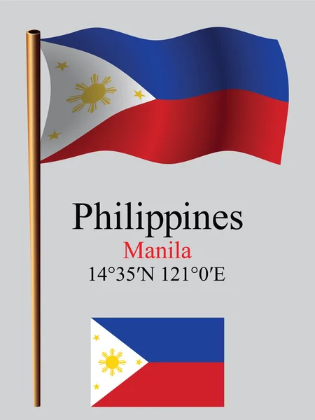 Phillippines ondulado bandera y coordenadas — Vector de stock