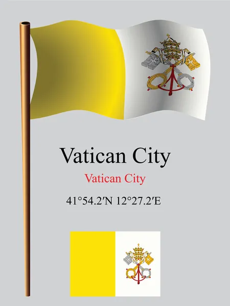 Cidade vaticana bandeira ondulada e coordenadas — Vetor de Stock