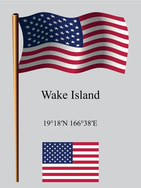 Wake eiland golvende vlag en coördinaten — Stockvector