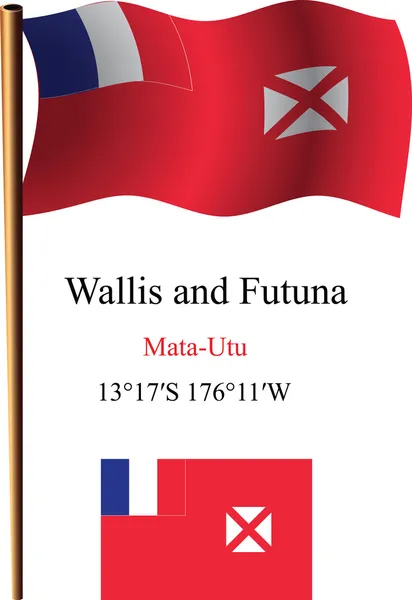 Wallis y futuna ondulada bandera y coordenadas — Archivo Imágenes Vectoriales